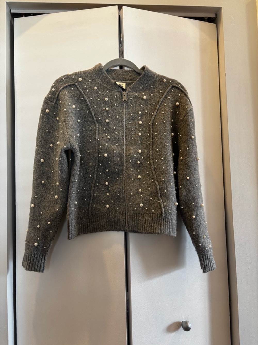Jason Wu Gray Pearl-Trim Zip Sweater